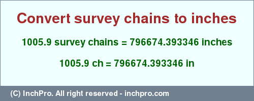 Result converting 1005.9 survey chains to inches = 796674.393346 inches