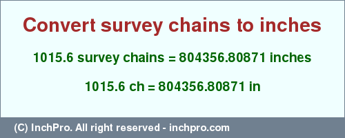 Result converting 1015.6 survey chains to inches = 804356.80871 inches