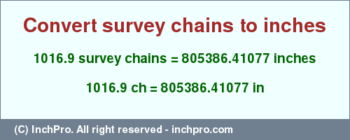 Result converting 1016.9 survey chains to inches = 805386.41077 inches