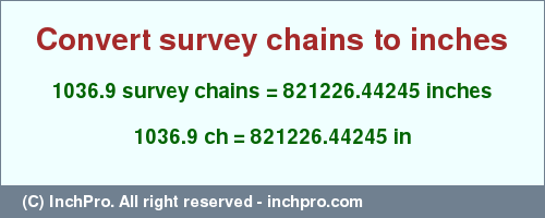 Result converting 1036.9 survey chains to inches = 821226.44245 inches