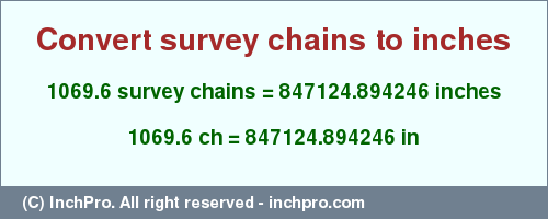 Result converting 1069.6 survey chains to inches = 847124.894246 inches