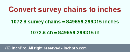 Result converting 1072.8 survey chains to inches = 849659.299315 inches