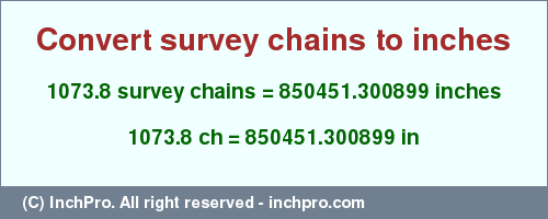 Result converting 1073.8 survey chains to inches = 850451.300899 inches