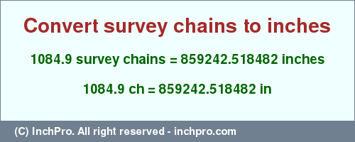 Result converting 1084.9 survey chains to inches = 859242.518482 inches