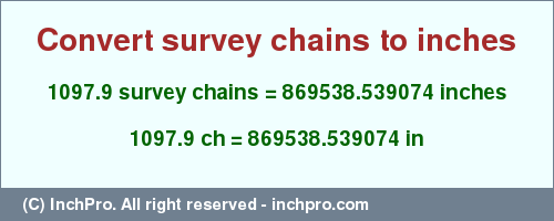 Result converting 1097.9 survey chains to inches = 869538.539074 inches