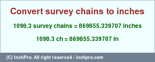 Result converting 1098.3 survey chains to inches = 869855.339707 inches