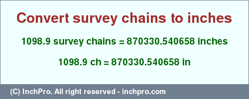 Result converting 1098.9 survey chains to inches = 870330.540658 inches
