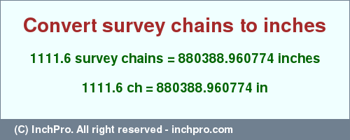 Result converting 1111.6 survey chains to inches = 880388.960774 inches