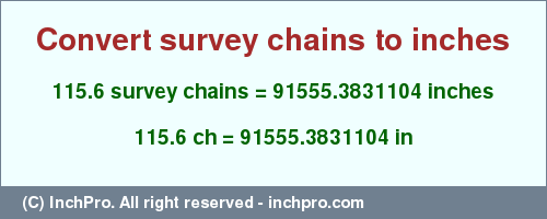 Result converting 115.6 survey chains to inches = 91555.3831104 inches