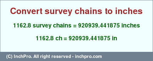 Result converting 1162.8 survey chains to inches = 920939.441875 inches