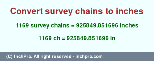 Result converting 1169 survey chains to inches = 925849.851696 inches