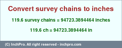 Result converting 119.6 survey chains to inches = 94723.3894464 inches