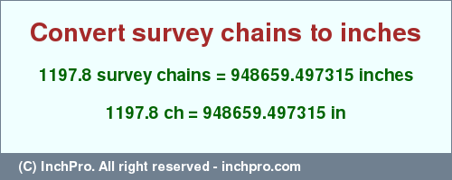 Result converting 1197.8 survey chains to inches = 948659.497315 inches