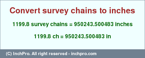 Result converting 1199.8 survey chains to inches = 950243.500483 inches