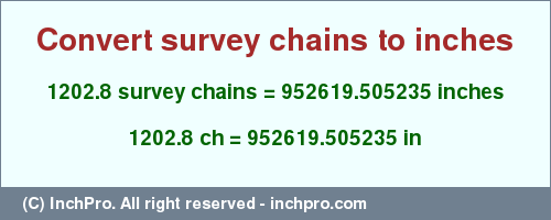 Result converting 1202.8 survey chains to inches = 952619.505235 inches