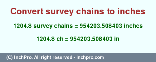 Result converting 1204.8 survey chains to inches = 954203.508403 inches