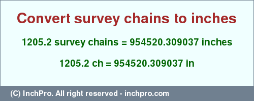 Result converting 1205.2 survey chains to inches = 954520.309037 inches