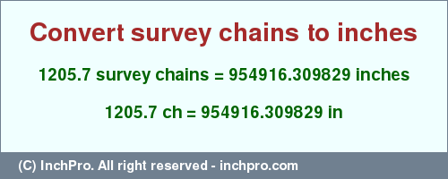 Result converting 1205.7 survey chains to inches = 954916.309829 inches