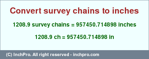Result converting 1208.9 survey chains to inches = 957450.714898 inches