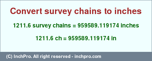 Result converting 1211.6 survey chains to inches = 959589.119174 inches