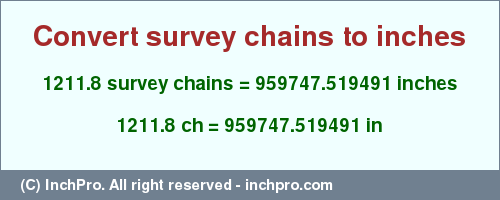 Result converting 1211.8 survey chains to inches = 959747.519491 inches