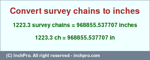 Result converting 1223.3 survey chains to inches = 968855.537707 inches