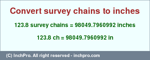 Result converting 123.8 survey chains to inches = 98049.7960992 inches