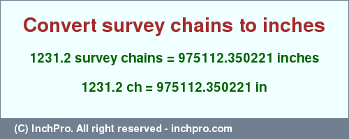 Result converting 1231.2 survey chains to inches = 975112.350221 inches