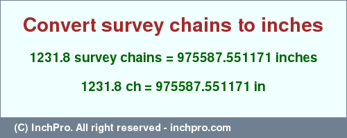 Result converting 1231.8 survey chains to inches = 975587.551171 inches