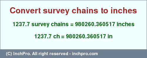 Result converting 1237.7 survey chains to inches = 980260.360517 inches