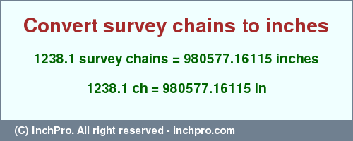 Result converting 1238.1 survey chains to inches = 980577.16115 inches