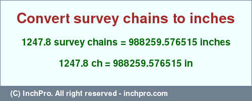 Result converting 1247.8 survey chains to inches = 988259.576515 inches