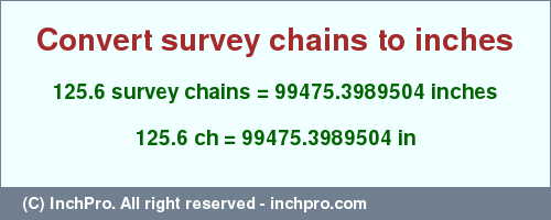 Result converting 125.6 survey chains to inches = 99475.3989504 inches