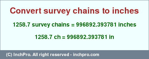 Result converting 1258.7 survey chains to inches = 996892.393781 inches