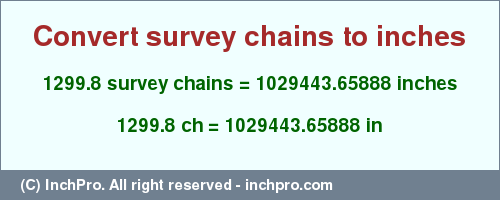 Result converting 1299.8 survey chains to inches = 1029443.65888 inches
