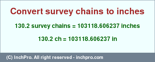 Result converting 130.2 survey chains to inches = 103118.606237 inches