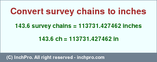 Result converting 143.6 survey chains to inches = 113731.427462 inches