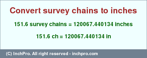 Result converting 151.6 survey chains to inches = 120067.440134 inches