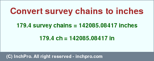 Result converting 179.4 survey chains to inches = 142085.08417 inches