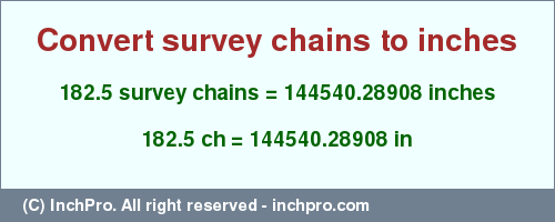 Result converting 182.5 survey chains to inches = 144540.28908 inches