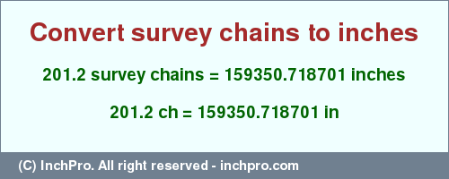 Result converting 201.2 survey chains to inches = 159350.718701 inches