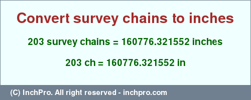 Result converting 203 survey chains to inches = 160776.321552 inches