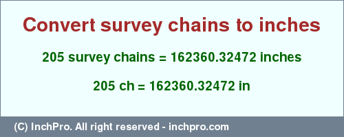 Result converting 205 survey chains to inches = 162360.32472 inches