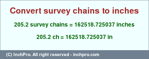 Result converting 205.2 survey chains to inches = 162518.725037 inches