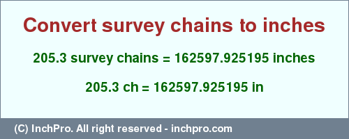 Result converting 205.3 survey chains to inches = 162597.925195 inches