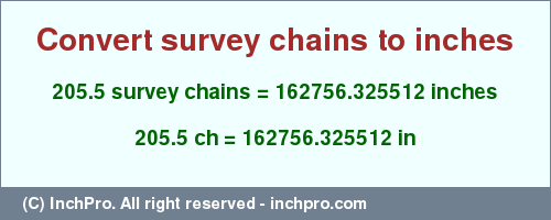 Result converting 205.5 survey chains to inches = 162756.325512 inches