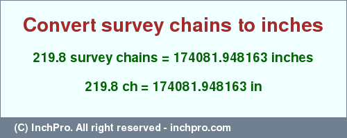 Result converting 219.8 survey chains to inches = 174081.948163 inches