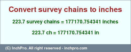 Result converting 223.7 survey chains to inches = 177170.754341 inches