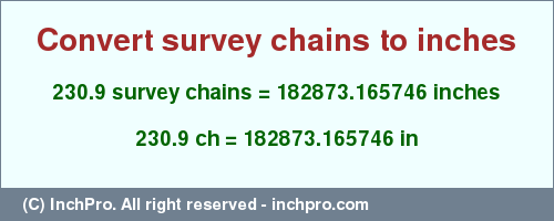 Result converting 230.9 survey chains to inches = 182873.165746 inches