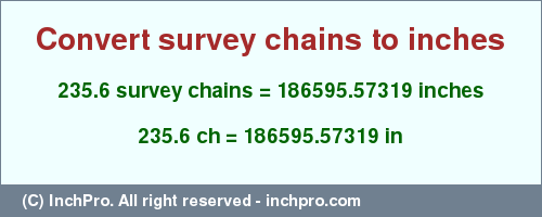 Result converting 235.6 survey chains to inches = 186595.57319 inches